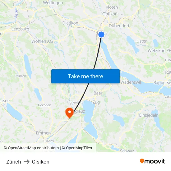 Zürich to Gisikon map
