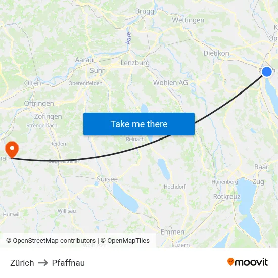 Zürich to Pfaffnau map