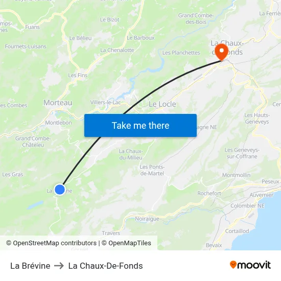 La Brévine to La Chaux-De-Fonds map