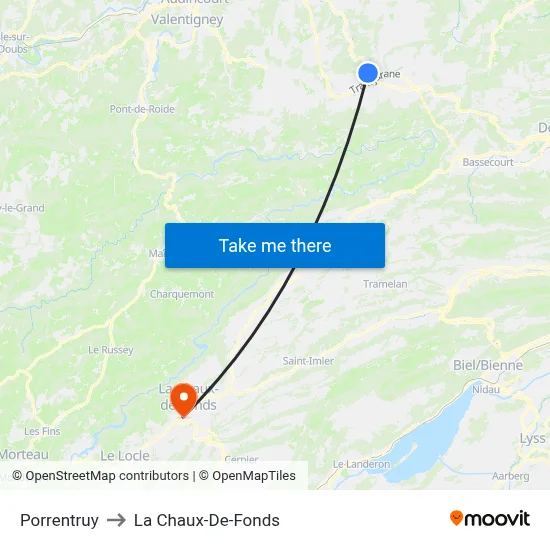 Porrentruy to La Chaux-De-Fonds map