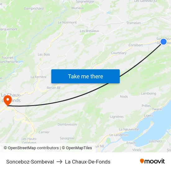 Sonceboz-Sombeval to La Chaux-De-Fonds map
