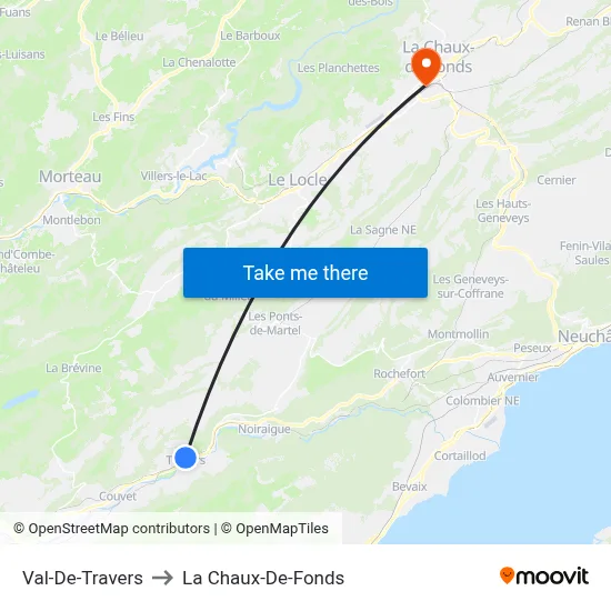 Val-De-Travers to La Chaux-De-Fonds map