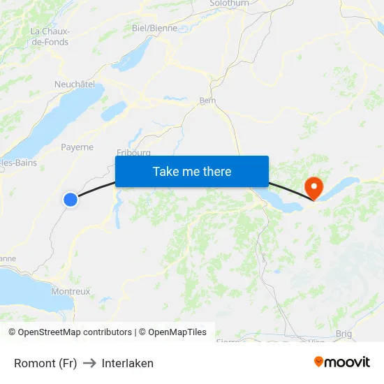 Romont (Fr) to Interlaken map