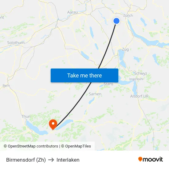 Birmensdorf (Zh) to Interlaken map