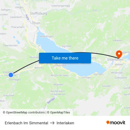 Erlenbach Im Simmental to Interlaken map