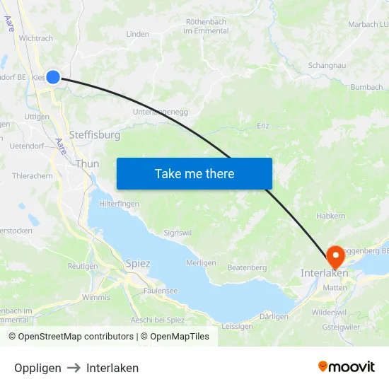 Oppligen to Interlaken map