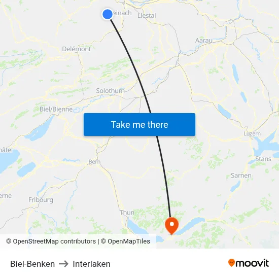 Biel-Benken to Interlaken map