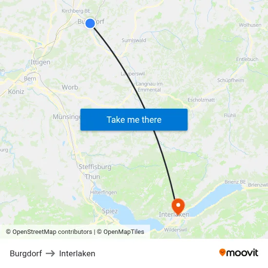 Burgdorf to Interlaken map