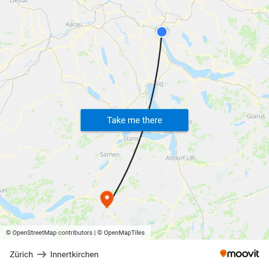 Zürich to Innertkirchen map