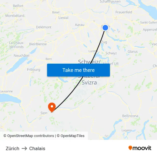 Zürich to Chalais map
