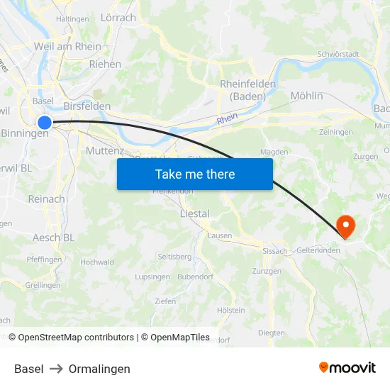 Basel to Ormalingen map