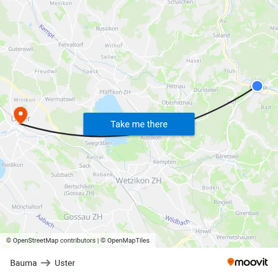 Bauma to Uster map