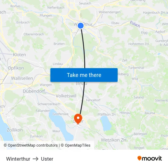 Winterthur to Uster map
