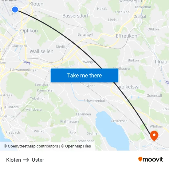 Kloten to Uster map
