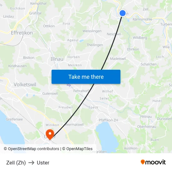 Zell (Zh) to Uster map