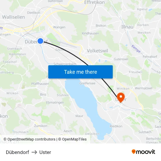 Dübendorf to Uster map