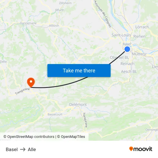 Basel to Alle map