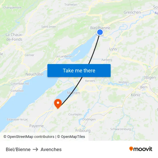 Biel/Bienne to Avenches map