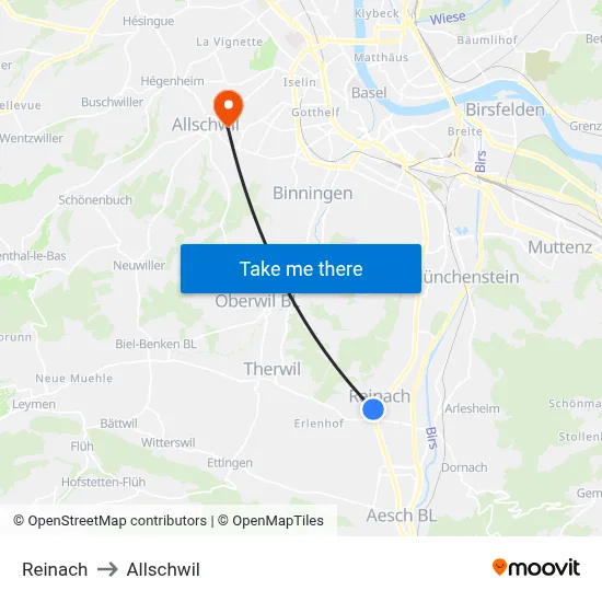 Reinach to Allschwil map