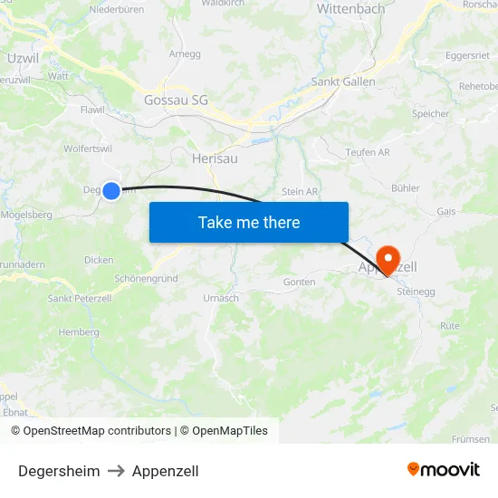Degersheim to Appenzell map