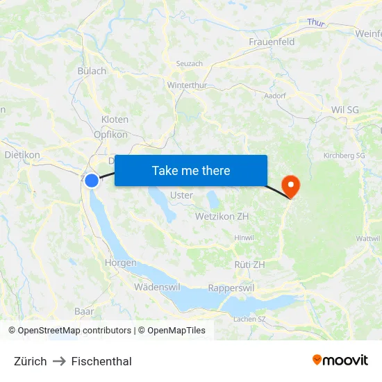 Zürich to Fischenthal map
