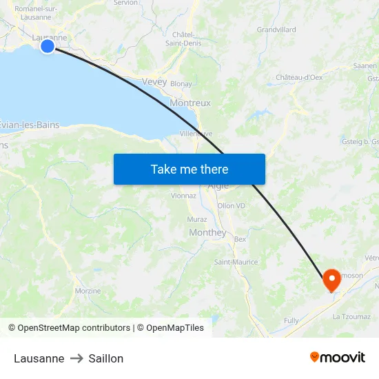 Lausanne to Saillon map