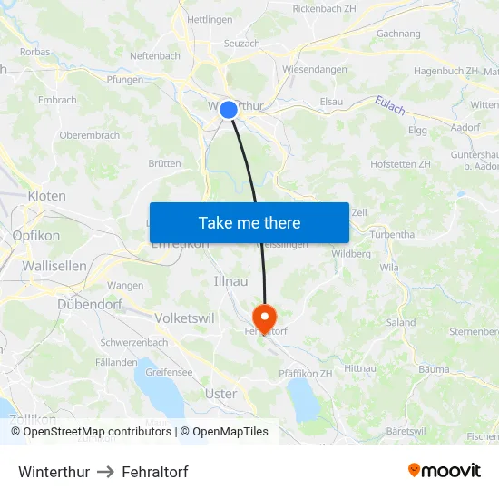 Winterthur to Fehraltorf map