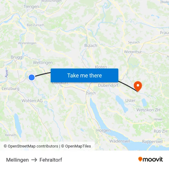 Mellingen to Fehraltorf map