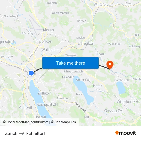 Zürich to Fehraltorf map