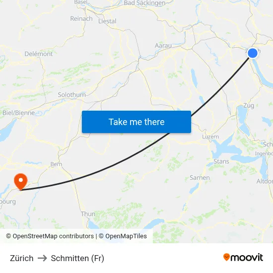 Zürich to Schmitten (Fr) map