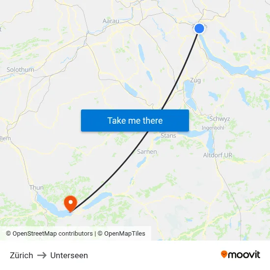 Zürich to Unterseen map