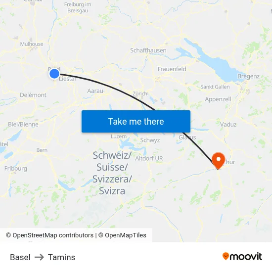 Basel to Tamins map