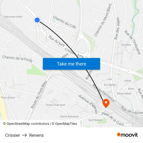 Crissier to Renens map