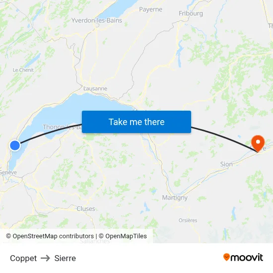 Coppet to Sierre map