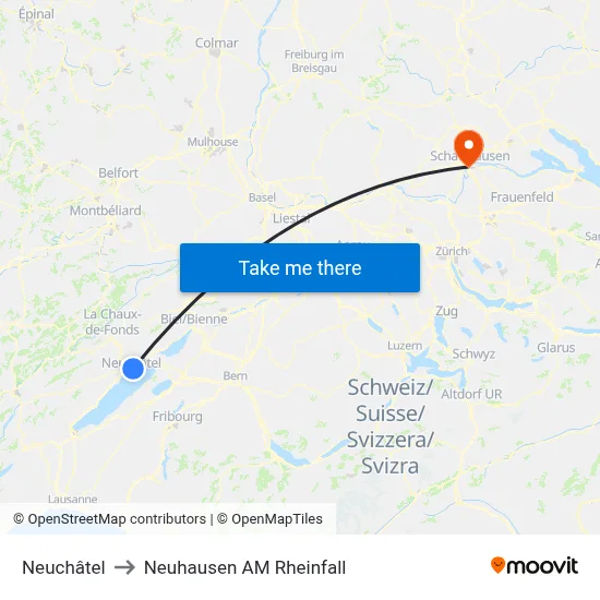 Neuchâtel to Neuhausen AM Rheinfall map