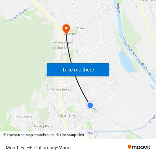 Monthey to Collombey-Muraz map