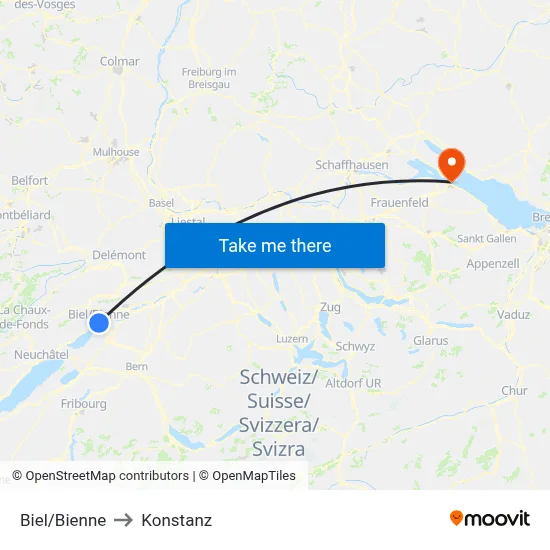Biel/Bienne to Konstanz map