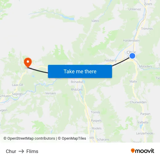 Chur to Flims map