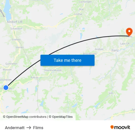 Andermatt to Flims map