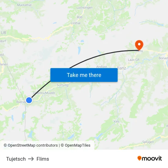 Tujetsch to Flims map