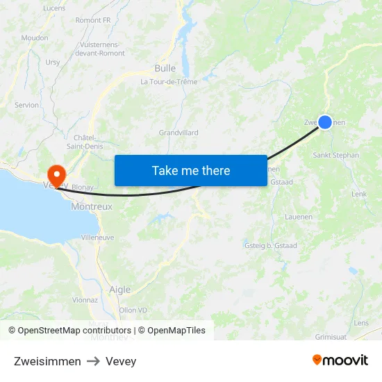 Zweisimmen to Vevey map