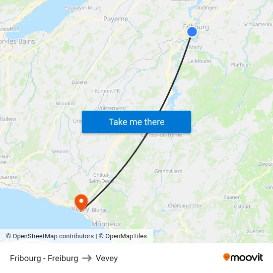 Fribourg - Freiburg to Vevey map