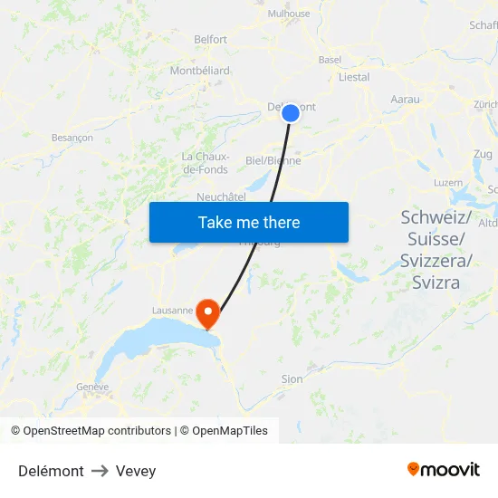 Delémont to Vevey map