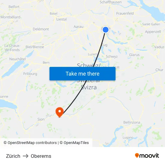 Zürich to Oberems map