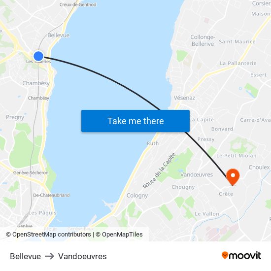 Bellevue to Vandoeuvres map