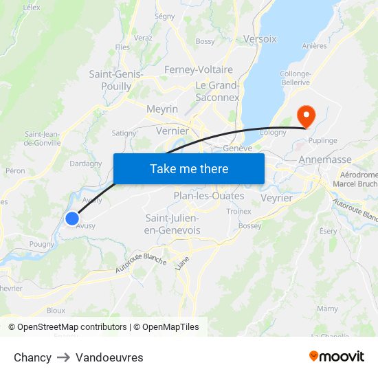 Chancy to Vandoeuvres map