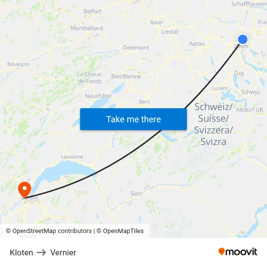 Kloten to Vernier map