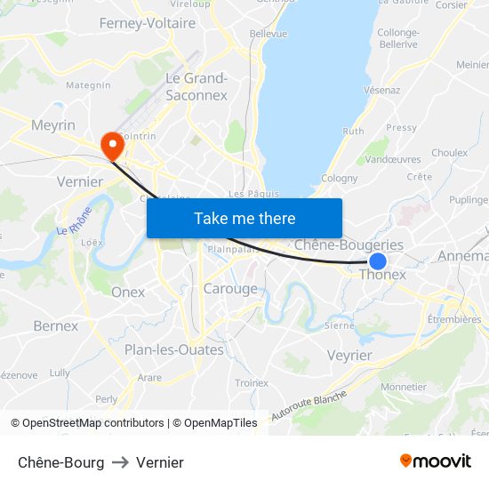 Chêne-Bourg to Vernier map