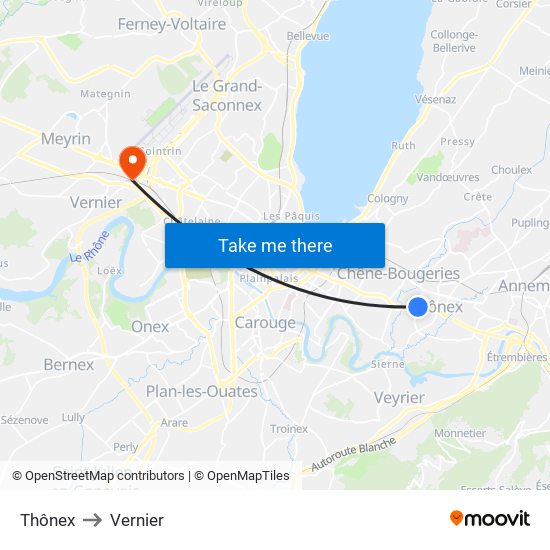 Thônex to Vernier map