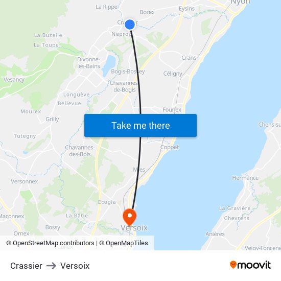 Crassier to Versoix map